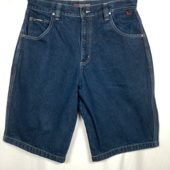FUBU Jean Shorts Men Size 36 35x13 Dark Wash Denim Jorts Wide Leg Hip Hop Baggy - Picture 1 of 15